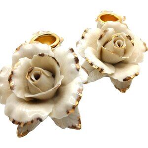Delicate Avon Capodimonte Style Candle Holders Winter Rose Porcelain